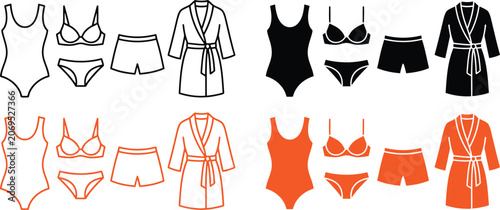 Fotografija Collection of swimwear and beachwear clothing items in various colors and styles