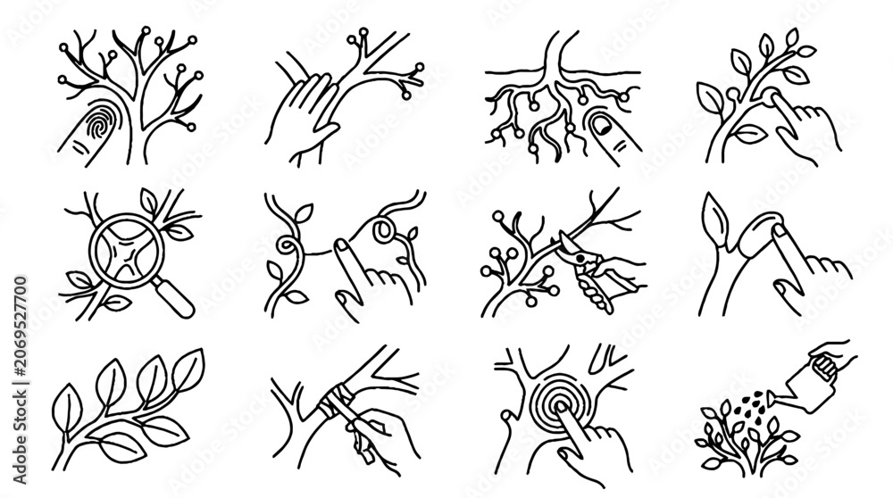 Obraz premium Set of gardening and plant care line icons showing pruning watering and tree maintenance.