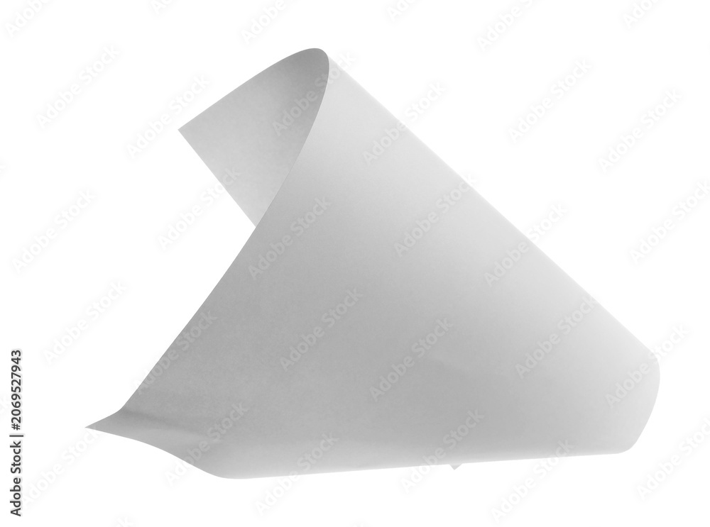 Fototapeta premium Blank white paper flying, sheet falls and twists isolated on white, clipping path, design element