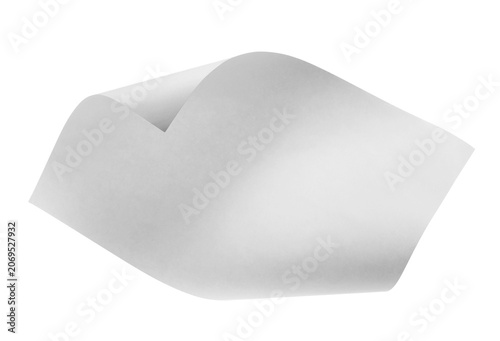 Blank white paper flying, sheet falls and twists isolated on white, clipping path, design element