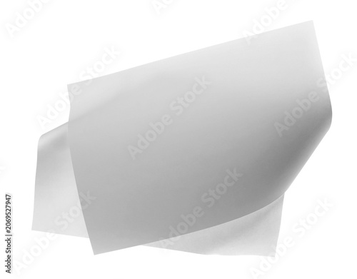 Blank white paper flying, sheet falls and twists isolated on white, clipping path, design element