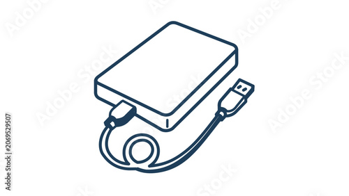 Vector illustration of a portable external hard drive line icon illustrating a slim plug-and-play disk drive used for transporting digital files between computers and workstations.