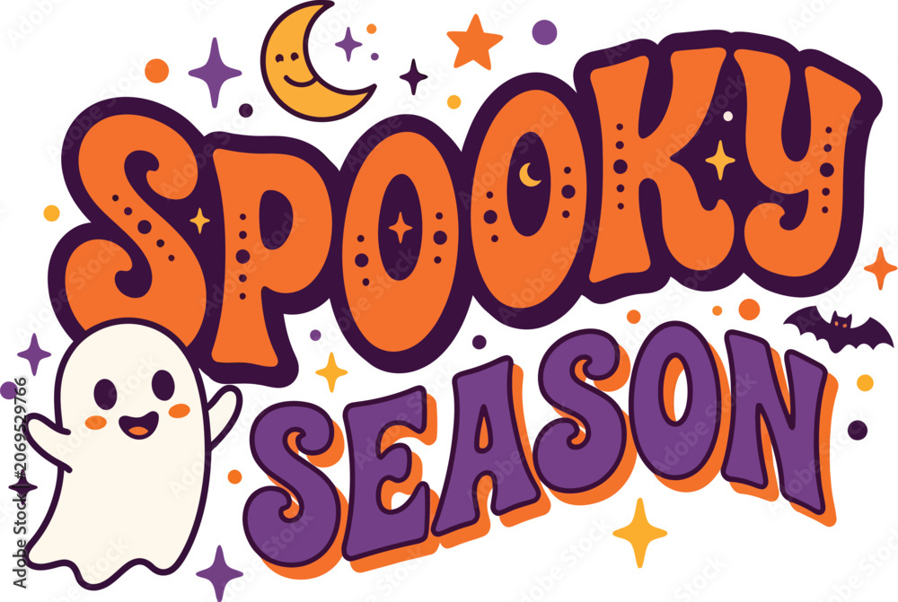 Fototapeta premium Retro Spooky Season Halloween Typography Sticker, Cute Groovy Vector Graphic