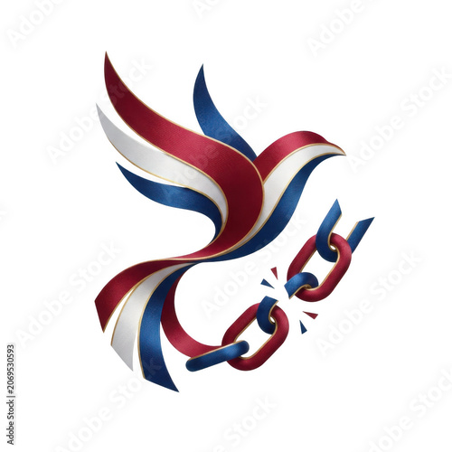 Juneteenth freedom day concept illustration with a stylized flying dove made of red white and blue ribbons breaking a chain, 3D render graphic asset isolated on transparent background