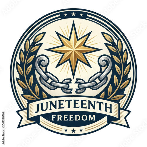 Juneteenth freedom day circular emblem with star and ribbon on transparent background