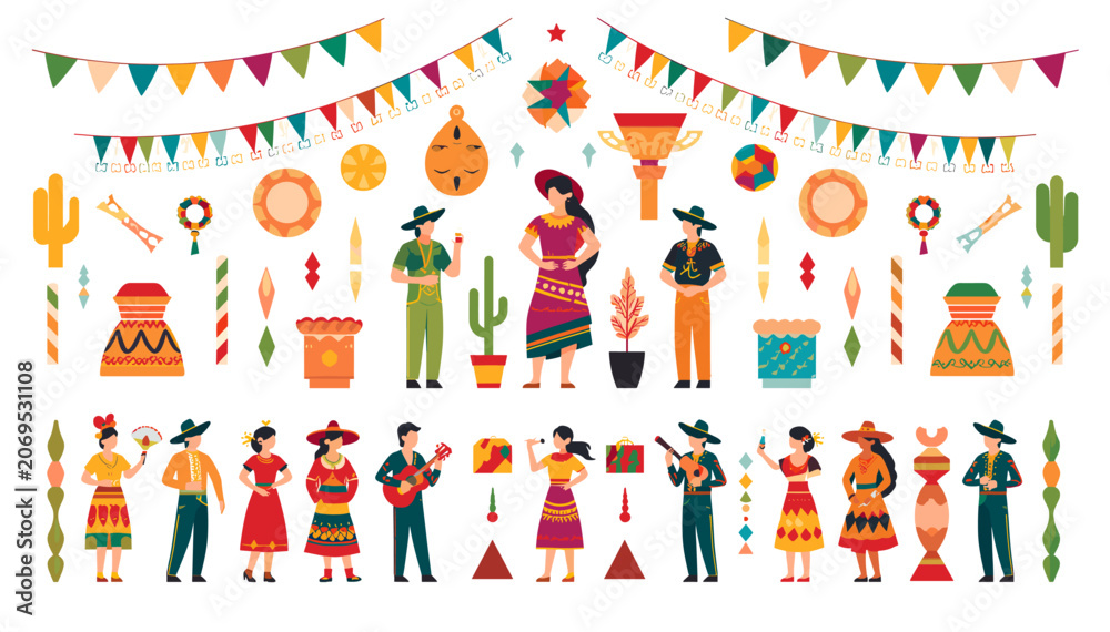 Fototapeta premium Vibrant Mexican Fiesta Scene with Diverse Characters, Traditional Attire, Musical Instruments, and Festive Decorations.