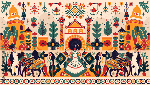 Obraz na płótnie Vibrant folk art illustration depicting a colorful procession with mythical creatures and ornate architecture, inspired by Indian cultural motifs