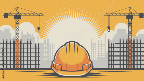 Quadro su tela Construction site with cranes, partially built structures, a cityscape silhouette, and a hard hat under a rising sun