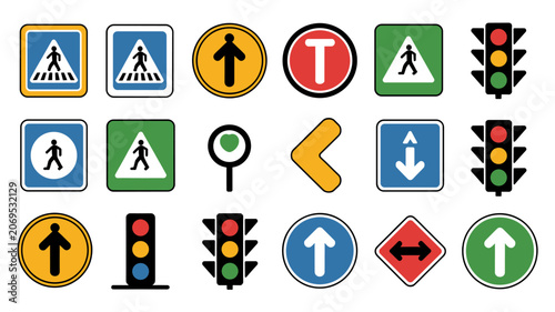 A collection of diverse traffic signs and signal lights, including pedestrian crossings, directional arrows, and stoplights, against a white background.