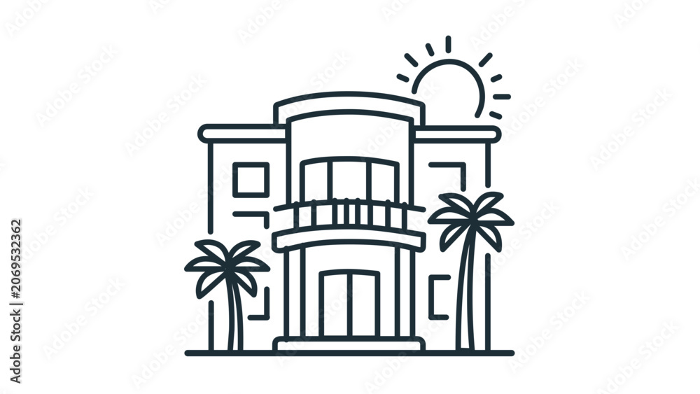 Fototapeta premium Vector illustration of a minimalist multi-story hotel building exterior facade line icon, clean vector design for accommodation hospitality and travel architecture graphics