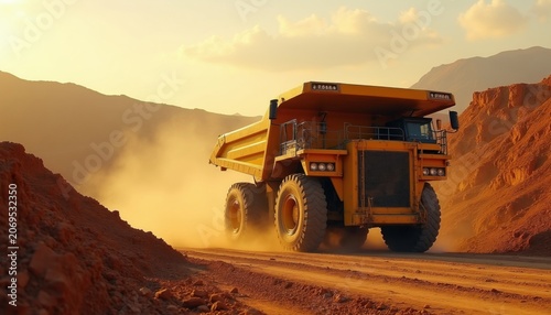 Giant yellow mining truck drives on dirt road raising dust. Huge vehicle transports ore from open pit mine. Industrial landscape with mountains at sunset. Heavy machinery at work.