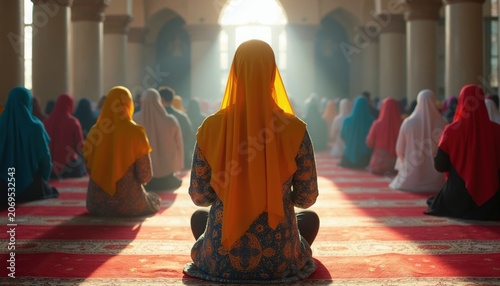 Women sit together on carpet inside mosque. They wear colorful hijabs, praying peacefully. Sunbeams shine through windows onto ornate prayer rugs.
