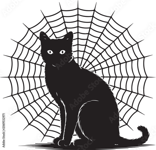 Black cat sitting in front of a spider web, halloween vector illustration, mystical feline silhouette with glowing eyes, spooky holiday design element for print