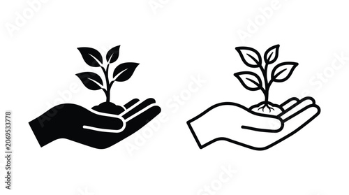 Hands Holding Seedling Sprout Black And White Vector Illustration