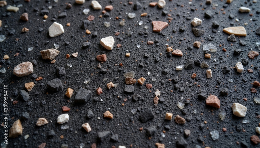 Fototapeta premium Detailed closeup dark terrazzo surface. Aggregate mix shows stone chips in grey black brown red hues. Material texture ideal background design element. Rough speckled pattern suits construction decor