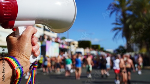 Participant's hand wearing a rainbow wristband and holding a megaphone, symbolizing advocacy and freedom in a vibrant street parade under a sunny sky
