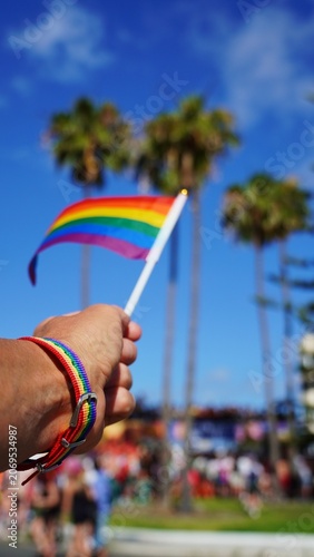 Hand holding a small LGBTQ+ rainbow flag, with a matching rainbow bracelet on the wrist, celebrating diversity and equality at an outdoor community event under a blue sky