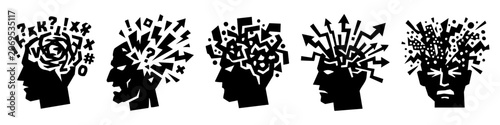 Cognitive overload and mental chaos icon set. Grotesque black silhouettes of human head with confused thoughts, stress, and anxiety.