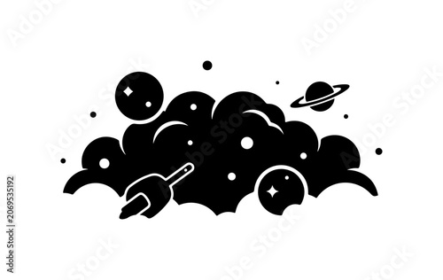 Black space icons, celestial bodies, planets, and clouds, vector graphics