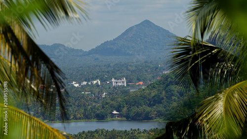 Tableau sur toile Kurunegala lake panorama framed by tropical palm leaves