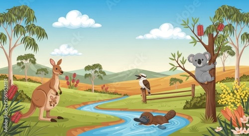 Australian wildlife illustration with kangaroo, koala, kookaburra and platypus in natural habitat. Landscape cartoon with endemic animals of Australia for education and wildlife theme.