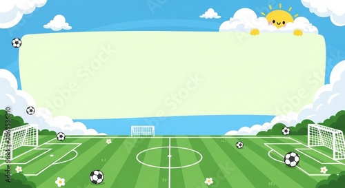 Soccer field frame with copy space for text. Cartoon football pitch background for kids activity. Sports illustration with ball and goal on green grass under blue sky and sunny sun.