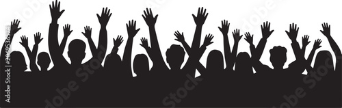 Silhouettes of a crowd of people with their hands raised in the air, cheering and celebrating at a concert or festival