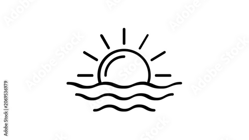 Vector illustration of a sunset sky over water line icon with cleanly drawn water layers and a sinking solar disc evoking end-of-day serenity, warmth and the magic of coastal sunsets.