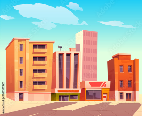 Photos Busy Community Street with Shops, Houses and Urban Road Vector