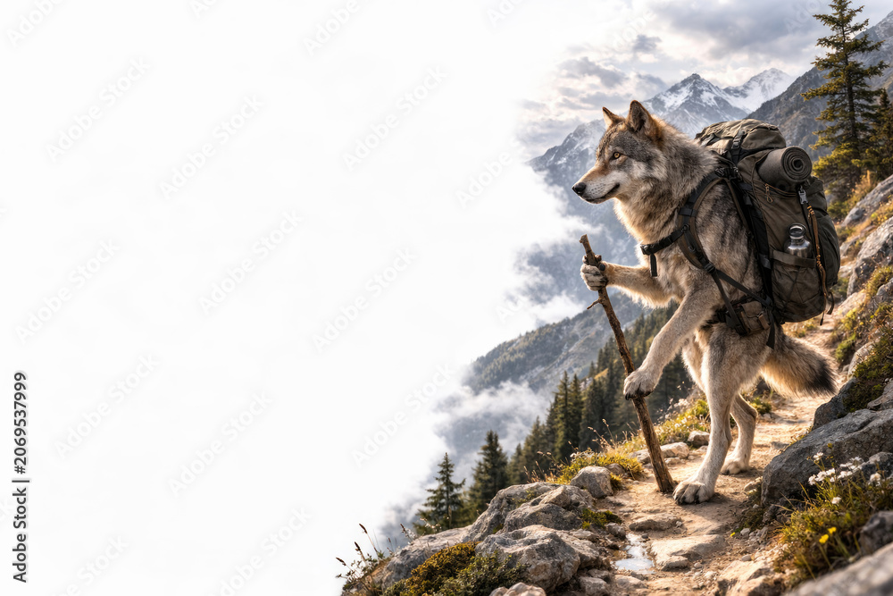 Naklejka premium Wolf with backpack walks on mountain trail. Space for text.