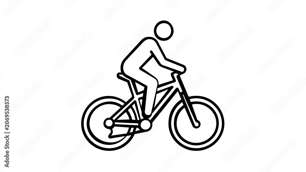 Obraz premium Vector illustration of a riding bicycle line icon showing a figure mounted on a bicycle in mid-ride with dynamic posture illustrated in precise minimalist strokes for active sports design graphics.