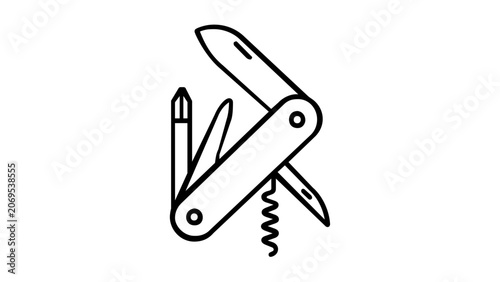 Vector illustration of a pocket knife line icon showing a compact folding blade with bolster and handle scales drawn with precise elegant minimalist strokes for outdoor and adventure hobby graphics.