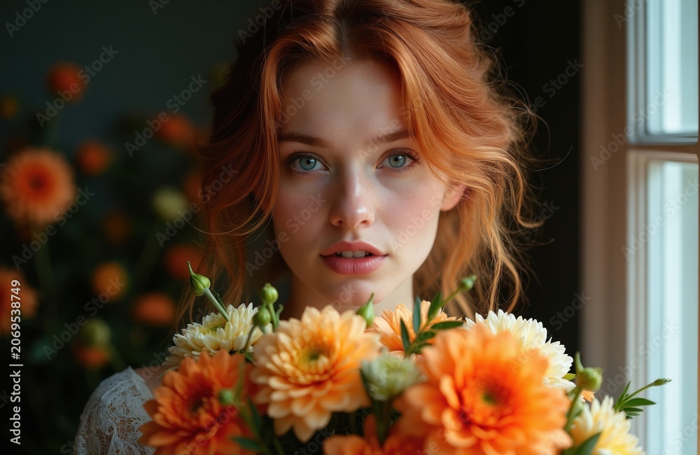 Naklejka premium Red haired young woman with blue eyes holds bouquet of orange and white flowers. Soft light from window illuminates her face, creating gentle and romantic mood. Lush floral background.