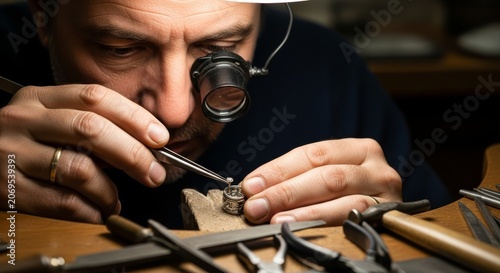Jeweler using magnifying loupe to set diamond in ring. Professional craftsman working at workbench with precision tools. Craftsmanship, creation of handmade jewelry, artisan skill.