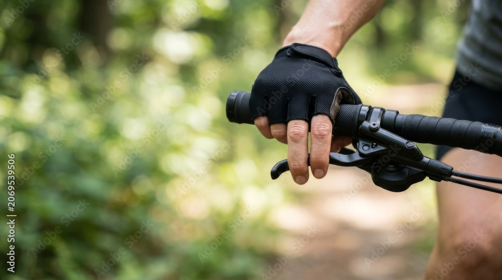Fototapeta premium Close-up of a biker's hand on a mountain bike handlebar in a green forest with a dirt trail