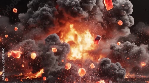 Powerful fire explosion with thick smoke on black background