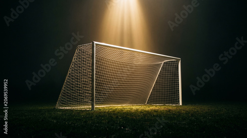 Dramatic soccer goal illuminated by a bright spotlight beam on a dark field at night