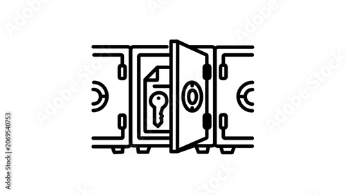 Vector illustration of a secure safe deposit box and lock line icon with a minimalist flat outline design representing hotel room security and valuable property storage use.