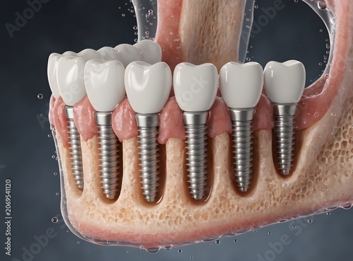 Dental implants in a human jaw model with teeth