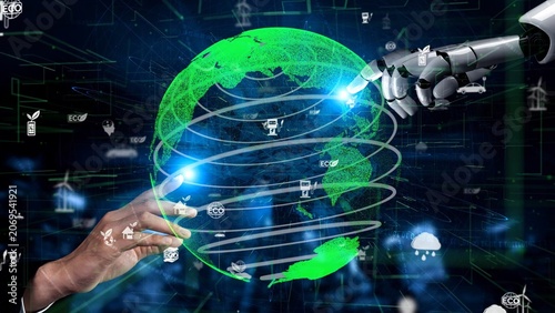 Obraz na plátně This image depicts a futuristic collaboration between human and robot, symbolizing the integration of technology and sustainability for a greener planet