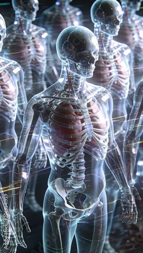Vertical video: Looping clear torso rotating, revealing skull ribs lungs spine in lab for study