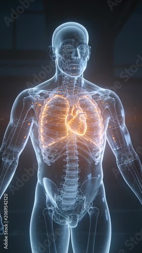 Vertical video: Pulling back showing torso pulsing heart and glowing vessels in studio for study