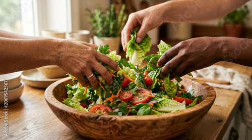 Hands gently tossing a fresh salad with lettuce, tomatoes and carrots in a large wooden bowl on a sunny kitchen counter, suited for healthy meal and food lifestyle projects.
