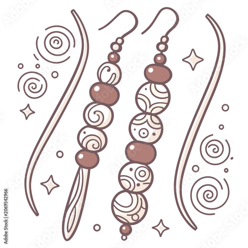 Decorative earrings with colorful beads and swirling patterns  