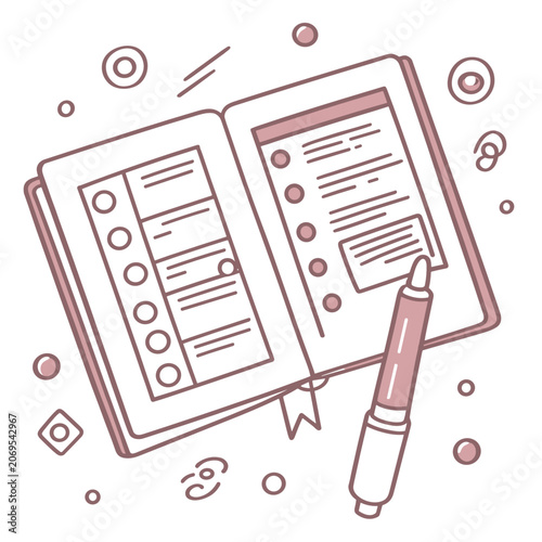 Bullet journal with notes, checklist, and pen in minimal style  