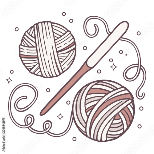 Crochet hook and yarn balls with decorative elements in soft colors  