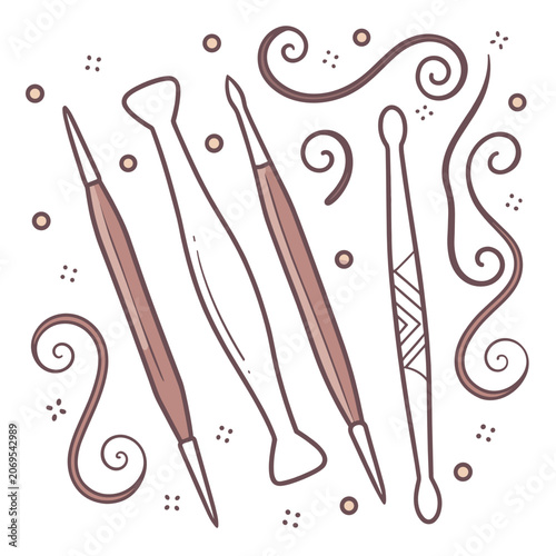 Clay sculpting tools arranged with decorative elements and curls  