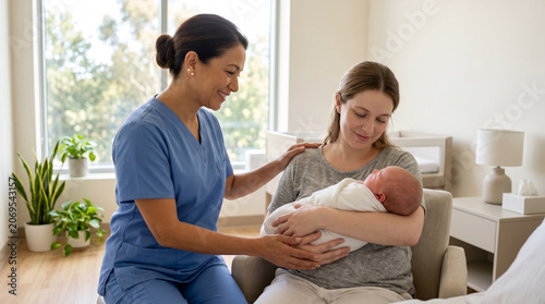 Smiling nurse in blue scrubs gently supporting a new mother holding her bundled newborn baby in a bright maternity recovery room, great for postpartum care and family health content.