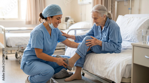 Female nurse in blue scrubs and cap kneeling to help a smiling elderly female patient put on slippers at the edge of a hospital bed, ideal for patient care and hospital content.