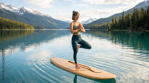 Woman in yoga outfit performing tree pose on a wooden paddleboard on a stunning turquoise mountain lake with snow-capped peaks and pine forest, ideal for yoga and outdoor wellness content.